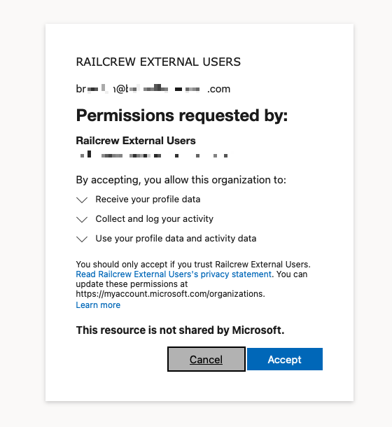 Microsoft permissions consent dialog for Railcrew External Users