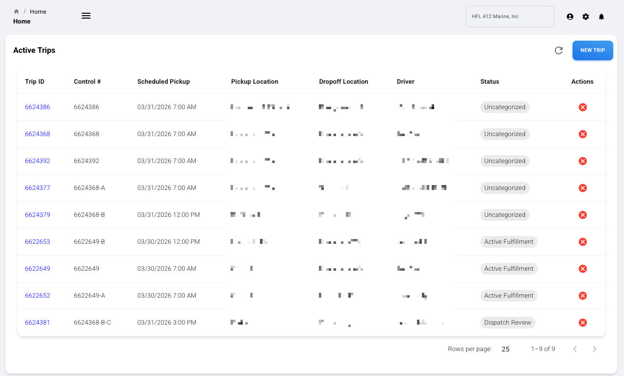 Active Trips view showing a table of in-progress trips