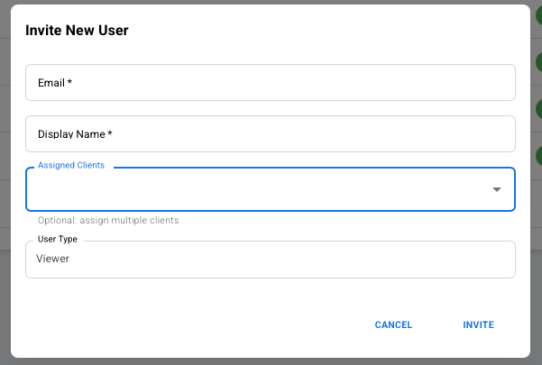 Invite New User dialog with fields for Email, Display Name, Assigned Clients, and User Type
