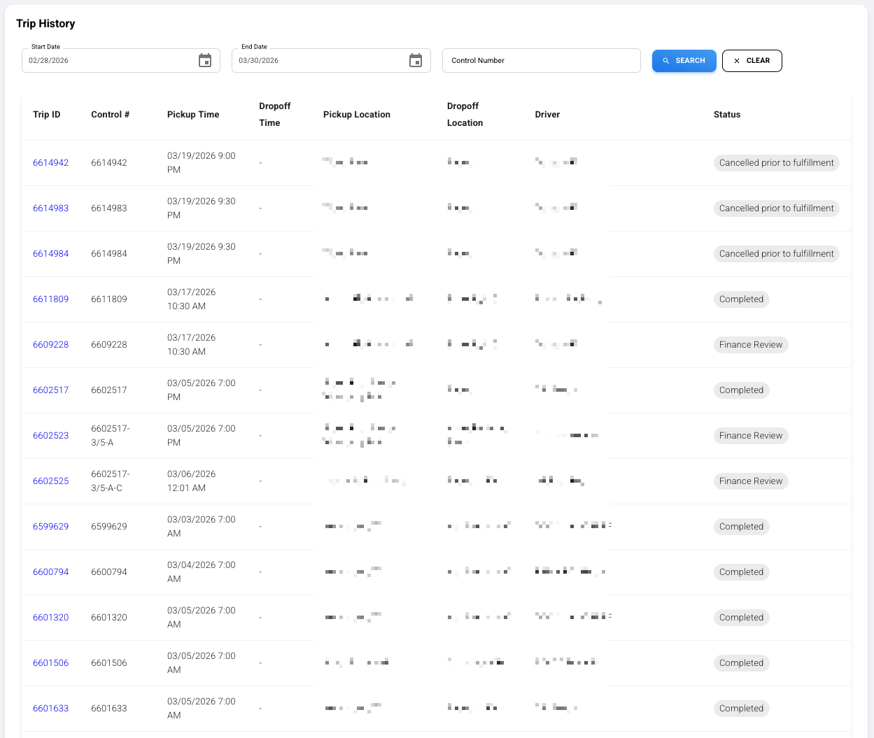 Trip History view with search filters and results table